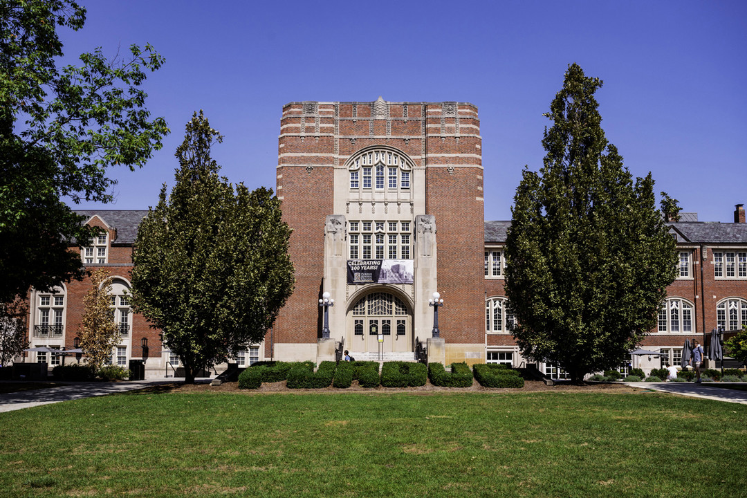 Front exterior of the Purdue Memorial Union with 100 anniversary banner. 